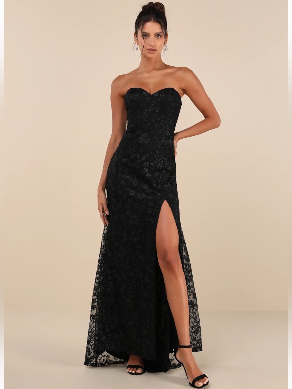 LULUS Romantic Beauty Black Floral Embroidered Strapless Maxi Dress Size Large